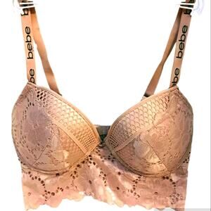 NEW! bebe Bustier 34DD Lace Fringe Bra CHAMPAGNE DUSK Lace Trim Edge Coquette